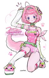 1girl absurdres ahoge animal_collar arm_at_side arm_up belt blunt_bangs bob_cut borrowed_character breasts camisole choker collar colored_eyelashes commission dog_tail full_body green_belt highres kneehighs looking_at_viewer medium_breasts nail_polish on_one_knee original parted_lips paw_print pink_camisole pink_hair pink_nails pink_tail second-party_source shiny_clothes shoes shorts signature socks solo soreeyu_(sore-yu) spiked_choker spikes tail white_arm_warmers white_background white_socks