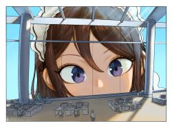 Rule 34 | 1girl, 6+others, brown hair, chair, commentary, dattosan, desk, english commentary, giant, giantess, highres, light rays, maid, maid headdress, monitor, multiple others, office, office chair, original, pillar, purple eyes, shade, sitting, size difference, standing, sunbeam, sunlight, swivel chair, window