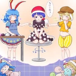 3girls :3 :d animal_ears blonde_hair bloomers blue_background blue_dress blue_hair blush brown_hat closed_eyes crescent crescent_print crop_top cushion dango dango_daikazoku doremy_sweet dreaming dress eating flat_cap floppy_ears food frilled_dress frilled_pillow frilled_sleeves frills hat highres kine mallet mg_mg mochi mofu_mofu multiple_girls navel nightcap open_mouth orange_shirt pillow plaid_background plucking pom_pom_(clothes) puffy_short_sleeves puffy_shorts puffy_sleeves rabbit_ears red_hat ringo_(touhou) seiran_(touhou) shirt short_dress short_sleeves shorts sleeping smile spinning star_(symbol) star_print striped_clothes striped_shorts swivel_chair table teruyof touhou translated underwear wagashi x_navel yellow_shorts |_|