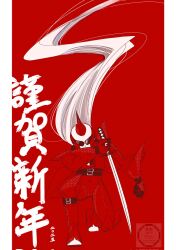1boy assault_visor border commentary_request full_body grey_hair helmet highres holding holding_sword holding_weapon katana long_hair male_focus mega_man_(series) mega_man_battle_network_(series) netnavi protoman.exe red_background red_helmet red_theme simple_background solo sword torihata1 translation_request weapon white_border