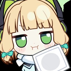 Rule 34 | 1girl, :i, animal ear headphones, animal ears, animated, animated gif, aqua jacket, blonde hair, blue archive, blunt bangs, blunt ends, blush stickers, bow, cat ear headphones, cat ears, chunye haruya, cleaning, cleaning rag, closed mouth, commission, dot nose, fake animal ears, fourth wall, green bow, green eyes, green halo, hair bow, halo, headphones, jacket, jitome, looking at viewer, low-tied sidelocks, lowres, midori (blue archive), midori (winter) (blue archive), missing commentary, official alternate costume, pout, scarf, second-party source, short hair, sidelocks, simple background, solo, text print, transparent background, upper body, white scarf, winter clothes