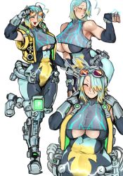 1girl bare_shoulders blush boots breasts clothing_cutout covered_navel electricity goggles goggles_on_head highres large_breasts looking_at_viewer mole mole_under_eye multicolored_hair original plump pointing pointing_at_self sfour_s4 short_hair simple_background smile solo streaked_hair tagme thigh_boots underboob underboob_cutout white_background white_hair wide_hips