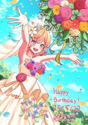 1girl alternate_costume armpits arms_up bare_shoulders blue_sky bouquet character_name cloud commentary_request cowboy_shot daisy_(flower) dated day dress dress_flower dutch_angle flower frilled_dress frills hair_flower hair_ornament happy_birthday highres hinoshita_kaho jewelry lily_(flower) link!_like!_love_live! love_live! medium_hair orange_flower orange_hair outdoors outstretched_arms pink_flower purple_flower ranunculus red_flower ring roze_(ro_z7) signature sky solo strapless strapless_dress twitter_username wedding_dress wedding_ring white_dress white_flower