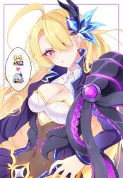 Rule 34 | 1boy, 2girls, :t, aether (genshin impact), ahoge, blonde hair, breasts, cleavage, closed mouth, commentary, commission, covered navel, fingernails, gem, genshin impact, hair ornament, hair over one eye, highres, if they mated, light blush, long hair, looking at viewer, medium breasts, midori (midori13579), multiple girls, original, purple eyes, purple gemstone, skirk (genshin impact), solo focus, very long hair, white background