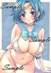 1girl bikini bishoujo_senshi_sailor_moon blue_choker blue_eyes blue_hair blue_sailor_collar blush choker detached_collar gloves jewelry magical_girl miyakooo0420 mizuno_ami sailor_collar sailor_mercury sailor_senshi_uniform short_hair skirt swimsuit traditional_media white_gloves