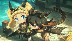 2girls :&gt; absurdres animal_hands armor black_hair black_ribbon blonde_hair blue_eyes breasts brick_road cat celtic_cross chain commentary cressey_(porforever) cross cross_earrings cuffs day dragon dragon_girl earrings english_commentary gauntlets hair_between_eyes hair_ribbon highres horns jewelry lance long_hair medium_breasts monster_girl multicolored_hair multiple_girls orange_eyes orange_hair original outdoors polearm porforever rags ribbon scales scar shackles smile thick_eyebrows tiara two-tone_hair water weapon