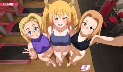 Rule 34 | 3girls, absurdres, ahoge, blonde hair, blue eyes, blush, boku no hero academia, brown eyes, cover, fang, from above, furinji miu, glasses, gym, h-lab, highres, horns, kobayashi-san chi no maidragon, long hair, looking at viewer, multiple girls, orange eyes, peace symbol, pubic hair, pussy, shijou saikyou no deshi ken&#039;ichi, short hair, sportswear, tohru (maidragon), tongue, tongue out, twintails, utsushimi kemii