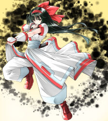 Rule 34 | 1girl, ainu clothes, arm up, breasts, brown eyes, fighting stance, fingerless gloves, gloves, green hair, hair ribbon, legs, long hair, looking at viewer, medium breasts, nakoruru, pants, ribbon, samurai spirits, serious, snk, solo, the king of fighters, thighs, weapon