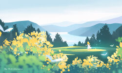 1girl artist_name blonde_hair bug butterfly day dress field flower from_behind grass highres huhv. insect landscape long_hair mountain nature original outdoors scenery sky solo tree white_dress wide_shot yellow_flower