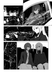 4girls bocchi_the_rock! car commentary_request driving gotoh_hitori greyscale highres holding_hands ijichi_nijika juppa_sento kessoku_band kita_ikuyo long_hair long_sleeves monochrome motor_vehicle multiple_girls one_eye_closed one_side_up short_hair sitting translation_request yamada_ryo yuri