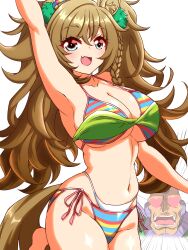 Rule 34 | 1boy, 1girl, animal ears, arm up, armpits, bikini, blast onepiece (umamusume), blush, braid, breasts, brown hair, emphasis lines, fluffy hair, groin, heart, heart-shaped pupils, highres, horounendo, horse ears, horse girl, horse tail, large breasts, leg up, long hair, looking at viewer, mega man (series), mega man x4, mega man x (series), navel, open mouth, side braid, sigma (mega man), swimsuit, symbol-shaped pupils, tail, twintails, umamusume, white background