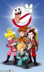 4girls blonde_hair blue_eyes boo_(mario) brown_hair cosplay crossover donkey_kong_(series) energy_gun energy_weapon eyeshadow frown full_body ghostbuster_(cosplay) ghostbusters gloves hair_over_one_eye highres jumpsuit lipstick long_hair looking_at_viewer makeup mario_(series) multiple_girls niban-destikim nintendo pauline_(mario) ponytail princess_daisy princess_peach proton_pack rosalina serious smug standing tongue tongue_out v weapon
