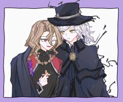 Rule 34 | 2boys, ascot, braid, cape, cross, cross necklace, edmond dantes (fate), fate/grand order, fate (series), fedora, food, formal clothes, glasses, hat, highres, jewelry, long hair, male focus, michael roa valdamjong, multiple boys, necklace, ponytail, priest, red eyes, side ponytail, tarantella (fate), user vpue3848, vampire, white ascot, white hair, yaoi, yellow eyes