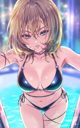 1girl bare_shoulders bikini black_bikini blue_eyes breasts brown_hair cleavage collarbone commentary_request green_eyes groin hair_between_eyes heart heart_o-ring heterochromia highres idolmaster idolmaster_cinderella_girls koya_(koya_x_00) looking_at_viewer medium_breasts mole mole_under_eye navel o-ring o-ring_bikini open_mouth pool_ladder short_hair side-tie_bikini_bottom solo swimsuit takagaki_kaede thighs wet