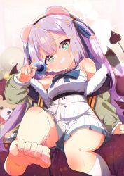 +_+ 1girl absurdres animal_ears aqua_eyes bare_shoulders barefoot bear_ears beret blue_bow blue_bowtie blue_eyes blue_ribbon blush bow bowtie braid breasts candy commission covered_navel cross-shaped_pupils demon_tail demon_wings dress feet food foot_focus foot_out_of_frame foreshortening fur-trimmed_jacket fur_trim green_eyes green_jacket grin hair_between_eyes hair_ornament hair_ribbon hat highres holding holding_candy holding_food holding_lollipop jacket knee_up kneehighs lollipop long_hair long_sleeves looking_at_viewer medium_breasts nail_polish off_shoulder open_clothes open_jacket original pink_nails pleated_dress puffy_long_sleeves puffy_sleeves purple_hair ribbon shiro9jira shizuki_tsumiki short_dress sidelocks single_sock sitting skeb_commission sleeveless sleeveless_dress small_breasts smile socks soles solo star-shaped_pupils star_(symbol) star_hair_ornament stuffed_animal stuffed_toy symbol-shaped_pupils tail teddy_bear teeth thighs toenail_polish toenails toes two_side_up virtual_youtuber white_dress white_socks wings
