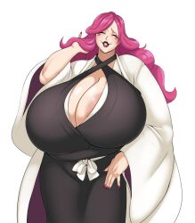 1girl absurdres areola_slip black_kimono bleach bleach:_sennen_kessen-hen breasts cleavage closed_eyes female_focus gigantic_breasts highres hikifune_kirio ignotoz japanese_clothes kimono lipstick long_hair makeup mature_female nail_polish pink_hair solo sunnysundown veins veiny_breasts