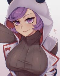 1girl alternate_color alternate_costume black_dress black_sweater blush breasts closed_mouth courtney_(pokemon) cowlick dress fake_horns gloves highres hood hood_up hooded_vest hoodie horned_headwear horned_hood horns long_sleeves looking_at_viewer nintendo official_alternate_costume pokemon pokemon_masters_ex pokemon_oras purple_eyes purple_hair ribbed_dress ribbed_sweater short_hair smile solo sweater sweater_dress symoca team_magma team_magma_uniform vest white_hoodie
