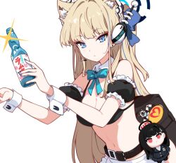 Rule 34 | 1girl, animal ear fluff, animal ears, arm cuffs, armband, belt, bikini, bikini top only, black bikini, blonde hair, blue eyes, blue halo, bottle, breasts, cleavage, frilled armband, frills, halo, holding, holding bottle, ideolo, multicolored hair, rio (blue archive), solo, streaked hair, swimsuit, toki (blue archive), white background