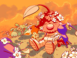 1boy animal bad_tag big_nose black_eyes blue_pikmin blue_skin buttons closed_eyes cloud colored_skin dog flower gloves head_wreath highres hill holding holding_flower holding_wreath leaf leafling looking_at_another lying moss_(pikmin) nintendo no_mouth on_back on_grass orange_sky pikmin_(creature) pikmin_(series) pikmin_4 purple_hair purple_pikmin purple_skin red_fur red_gloves red_leafling shadow short_hair sitting sky sleeping spacesuit very_short_hair white_flower yellow_pikmin yellow_skin yu_pikmin