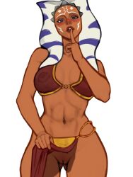 1girl ahsoka_tano akeowi alien blue_eyes blush bra breasts clothes_lift colored_skin finger_to_mouth harem_outfit highres huttslayer_leia jedi large_breasts loincloth loincloth_lift looking_at_viewer navel nipples orange_skin princess_leia pussy see-through_bra see-through_clothes shushing simple_background slave star_wars togruta underwear white_background