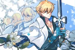 1boy absurdres age_progression blonde_hair blue_background blue_eyes collarbone flower gloves guilty_gear guilty_gear_2 guilty_gear_strive guilty_gear_x guilty_gear_xrd guilty_gear_xx hair_between_eyes highres holding holding_sword holding_weapon jacket jacket_on_shoulders ky_kiske long_hair multiple_views nishimoto partially_fingerless_gloves ponytail short_hair sword thunderseal v-neck weapon white_jacket