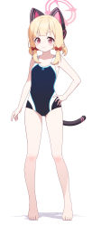 1girl absurdres animal_ear_headphones animal_ears bad_id bad_twitter_id barefoot blonde_hair blue_archive blue_one-piece_swimsuit bow cat_ear_headphones cat_ears cat_tail competition_swimsuit fake_animal_ears fake_tail feet hair_bow halo hand_on_own_hip headphones highres legs momoi_(blue_archive) one-piece_swimsuit pn_(wnsl216) red_eyes ribbon short_hair smile solo swimsuit tail thighs toes