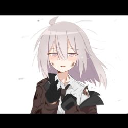 1girl ahoge alternate_hairstyle black_gloves black_necktie blush brown_jacket collarbone collared_shirt crying damaged dirty dirty_clothes dirty_face dress_shirt floating_hair girls&#039;_frontline gloves grey_hair hair_between_eyes hair_down highres jacket letterboxed long_hair looking_at_viewer m200_(girls&#039;_frontline) necktie off_shoulder open_clothes open_jacket open_mouth peanut_mouth purple_eyes reaching reaching_towards_viewer shirt sidelocks simple_background smart_oval solo tears torn_clothes torn_shirt upper_body white_background white_shirt wind
