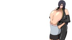 1boy 1girl bald bare_shoulders between_breasts black_dress black_gloves black_hair breast_press breasts cleavage dress gloves grabbing_own_breast head_between_breasts height_difference hug huge_areolae large_areolae long_glove long_hair looking_at_another looking_down mature_female noeighteen- one_eye_covered original purple_lips sexually_suggestive shirt simple_background standing tagme