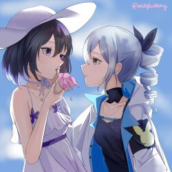 2girls artist_name bare_shoulders black_hair black_shirt blue_eyes blue_sky bronya_zaychik choker colored_inner_hair commentary dress drill_hair drill_ponytail english_commentary food frilled_dress frills from_side grey_eyes grey_hair hat highres holding holding_food holding_ice_cream holding_ice_cream_cone honkai_(series) honkai_impact_3rd ice_cream ice_cream_cone jacket long_hair multicolored_hair multiple_girls official_alternate_costume ponytail seele_vollerei shirt short_hair single_drill sky sleeveless sleeveless_dress soulgluttony sun_hat white_choker white_dress white_hat white_jacket wiping_mouth