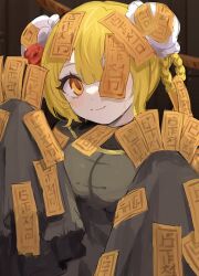 1girl blonde_hair braid braided_hair_rings breasts bun_cover commentary_request don_quixote_(project_moon) double_bun e.g.o_(project_moon) flower hair_bun hair_flower hair_ornament hair_rings highres limbus_company looking_at_viewer one_eye_covered project_moon red_flower red_sheet_(e.g.o) ro/ku sleeves_past_fingers sleeves_past_wrists smile solo talisman upper_body yellow_eyes