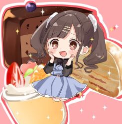 +_+ 1girl :d black_hair black_shirt blue_dress blush_stickers brown_eyes cake cake_slice commentary dress food fruit hands_up idolmaster idolmaster_shiny_colors long_hair long_sleeves mini_person minigirl open_mouth outline pink_background puffy_long_sleeves puffy_sleeves rino_cnc shirt smile solo sonoda_chiyoko strawberry twintails white_outline