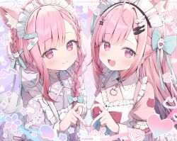 2girls :d animal_ears apron bandaid bandaid_hair_ornament blue_bow blue_ribbon blush bow braid cat_ears choker closed_mouth commentary_request dress dual_persona extra_ears frilled_apron frilled_sleeves frills hair_bow hair_ornament hair_ribbon heart heart_hands heart_hands_duo indie_virtual_youtuber japanese_clothes kimono long_hair long_sleeves looking_at_viewer maid_headdress multiple_girls open_mouth parted_bangs pink_dress pink_eyes pink_hair purple_kimono ribbon short_sleeves single_braid smile topia upper_body virtual_youtuber white_apron white_choker wing_hair_ornament yuuki_sakuna_(1st_costume) yuuki_sakuna_(2nd_costume)