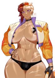 1girl abs absurdres bikini bikini_bottom_only black_bikini breasts brown_hair choker cowboy_shot cropped_jacket dated earrings eyewear_on_head fingerless_gloves gloves highres jacket jewelry large_breasts looking_at_viewer ming_liu mole mole_under_eye mole_under_mouth multicolored_hair muscular muscular_female neck_tattoo open_clothes open_jacket orange-tinted_eyewear original pasties purple_eyes rhea_(ming_liu) scar scar_on_face scar_on_leg scar_on_nose scar_on_stomach signature solo sunglasses swimsuit tattoo tinted_eyewear two-tone_hair white_hair