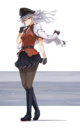 Rule 34 | 1girl, belt, black gloves, black pantyhose, black skirt, boots, breasts, commentary request, female focus, flat cap, full body, gangut (kancolle), gloves, grey hair, hat, jacket, jacket on shoulders, kantai collection, long hair, medium breasts, military hat, military jacket, ocean, orange eyes, pantyhose, peaked cap, pleated skirt, red shirt, shirt, short sleeves, simple background, skirt, solo, white background, white jacket, yamaioni (sasakama)