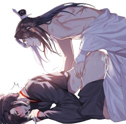 Rule 34 | 2boys, all fours, anal, ass, bare shoulders, bite mark, black hair, black hanfu, black pants, blush, bottomless, breath, chinese clothes, closed mouth, clothed sex, clothes down, clothes pull, cum, cum in ass, cum on ass, cum on body, cum on male, doggystyle, from side, grey eyes, hanfu, hickey, highres, holding, holding ribbon, jujeop, lan wangji, long hair, long sleeves, looking at another, male focus, modao zushi, multiple boys, open clothes, open mouth, open robe, pants, pants pull, penis, ponytail, profile, ribbon, robe, robe partially removed, saliva, scar, scar on back, sex, sex from behind, sidelocks, simple background, sleeves past wrists, sweat, tears, topknot, trembling, wei wuxian, white background, white hanfu, wide sleeves, xiao guan (headdress), yaoi, yellow eyes