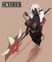 1girl axe bikini bikini_top_only black_bikini black_pants black_skin breasts broken_horn brown_background closed_mouth colored_skin commentary earrings english_commentary expressionless full_body fur_collar highres holding holding_axe hoop_earrings horns huge_breasts jewelry looking_at_viewer original pants pointy_ears short_hair shrug_(clothing) solo standing swimsuit weeze white_hair white_horns yellow_eyes