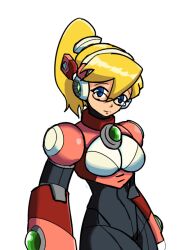 Rule 34 | 1girl, alia (mega man), alternate hairstyle, android, blonde hair, expressionless, glasses, hayebsi, high ponytail, looking at viewer, mega man (series), mega man x (series), ponytail, robot, simple background, standing, white background