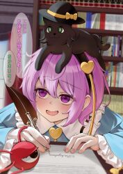 1girl absurdres animal animal_on_head black_cat black_hairband black_hat blue_shirt blurry blush book bookshelf bow buttons cat closed_mouth clothed_animal collared_shirt commentary_request depth_of_field eyeball frilled_shirt_collar frilled_sleeves frills green_eyes hair_ornament hairband hat hat_bow heart heart_button heart_hair_ornament highres holding holding_quill indoors komeiji_koishi komeiji_koishi_(cat) komeiji_satori on_head open_mouth pink_hair pink_nails purple_eyes quill ribbon-trimmed_collar ribbon_trim shirt siblings sisters smile soo_kazahana speech_bubble third_eye touhou translation_request wide_sleeves writing yellow_bow
