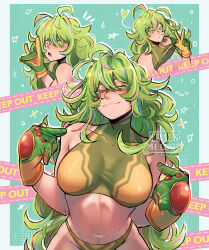 1girl absurdres boku_no_hero_academia breasts clothes_lift deku&#039;s_photo_of_hagakure_toru flashing fox_shadow_puppet gloves green_eyes hagakure_toru heart highres large_breasts leisen_mellow looking_at_viewer messy_hair multicolored_hair navel panties partially_invisible pink_streaks pointing pointing_at_self shirt_lift solo stomach underwear