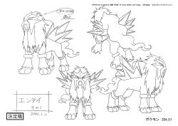 absurdres animal_focus entei full_body gen_2_pokemon highres legendary_pokemon looking_to_the_side monochrome multiple_views nintendo no_humans official_art pokemon pokemon:_zoroark:_master_of_illusions pokemon_(anime) pokemon_(creature) pokemon_dppt_(anime) reference_sheet scan spikes