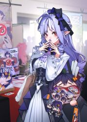 1girl ascot belle_(zenless_zone_zero) brooch cowboy_shot dress frilled_sleeves frills hands_up highres indoors jewelry long_hair long_sleeves looking_at_viewer nail_polish own_hands_together pointy_ears purple_hair purple_nails red_eyes standing steepled_fingers very_long_hair vivian_(zenless_zone_zero) white_dress wise_(zenless_zone_zero) zenless_zone_zero zero808w
