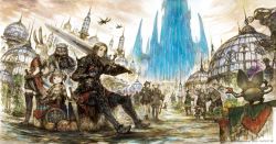6+boys 6+girls animal_ears armor au_ra bag basket black_footwear black_shorts blonde_hair boots bottle box breastplate breasts brown_eyes brown_footwear brown_hair cat_ears city cityscape cloud copyright_name copyright_notice crate creature dagger dark_knight_(final_fantasy) day dome elezen elf final_fantasy final_fantasy_xiv furry furry_male gauntlets greatsword greaves gremlin_(mythology) hands_on_own_hips hatching_(texture) highres holding holding_staff holding_sword holding_weapon hrothgar hyur in-universe_location jacket kenta_tanaka knife lalafell long_hair medium_breasts miqo&#039;te multiple_boys multiple_girls official_art open_mouth outdoors over_shoulder pauldrons people plant pointy_ears potted_plant red_jacket satchel scenery shield short_hair short_twintails shorts shoulder_armor signature sitting sky smile spiked_armor spikes staff standing sword thigh_boots tower twintails viera walking warrior_of_light_(ff14) weapon weapon_over_shoulder