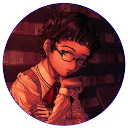 1girl black_eyes black_hair book border bow bowtie collared_shirt glasses indoors long_sleeves looking_at_viewer masatokinaino meguro_miyuki monochrome parted_lips red_bow red_bowtie round_border round_image sayonara_wo_oshiete school_uniform shelf shirt short_hair solo transparent_background upper_body very_short_hair vest white_shirt