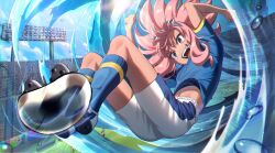 1boy ball blue_shirt blue_socks dolustoy full_body goggles goggles_on_head highres inazuma_eleven_(series) inazuma_japan jersey kneehighs long_hair male_focus midriff_peek open_mouth pink_hair playing_sports shirt shorts soccer soccer_ball soccer_field soccer_uniform socks solo sportswear stadium stadium_lights tsunami_jousuke water white_shorts