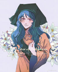 1girl absurdres apron artist_name blue_hair blush chinese_commentary commentary cropped_torso dress earrings english_text facing_viewer film_grain floral_background flower frilled_dress frills green_apron green_headscarf grin hand_on_own_chest hand_up haniyasushin_keiki headscarf highres jewelry long_hair long_sleeves looking_ahead orange_dress puffy_long_sleeves puffy_sleeves purple_background purple_eyes simple_background smile solo stud_earrings touhou upside-down_text watermark weibo_watermark white_flower wide_sleeves wuyufeifei
