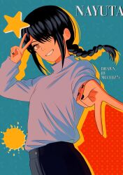 1girl artist_name black_hair black_nails black_pants chainsaw_man character_name grey_sweater grin highres mccheese nayuta_(chainsaw_man) one_eye_closed pants ringed_eyes smile solo star_(symbol) sweater teeth turtleneck turtleneck_sweater v yellow_eyes