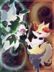 2others braixen claws closed_mouth floragato furry gen_6_pokemon green_fur highres holding holding_wand mr_h202 multiple_others nintendo orange_eyes pink_eyes pokemon pokemon_(creature) smile tail wand white_fur yellow_fur yo-yo