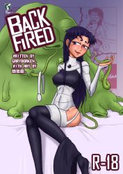 1girl alien blackfire blush breasts broken_torpedo colored_skin covered_erect_nipples dc_comics glgrdsklechhh orange_skin purple_eyes purple_hair skirt teen_titans tentacles tongue
