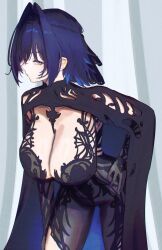 1girl absurdres alternate_costume black_bodysuit black_cloak blue_cloak blue_eyes blue_hair bodysuit breasts chronopattern_dress cleavage cloak erasorpepero hair_intakes hand_on_own_hip highres hololive hololive_english large_breasts looking_at_viewer meme_attire ouro_kronii short_hair solo two-sided_cloak two-sided_fabric virtual_youtuber