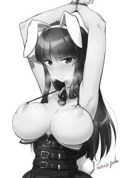 Rule 34 | 1girl, absurdres, animal ears, armpits, bdsm, bondage, bound, bound wrists, breasts, dated, fake animal ears, fake tail, girls und panzer, glaring, greyscale, highres, kuzuryuu kennosuke, large breasts, long hair, looking at viewer, monochrome, nipple piercing, nipples, nishizumi shiho, no bra, piercing, rabbit ears, rabbit tail, solo, tail